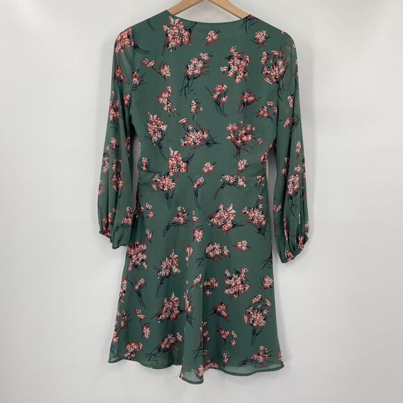 Madewell Dress Fit & Flare Mini Floral Print Vneck Quarter Sleeve Green Womens 4 - Picture 5 of 8